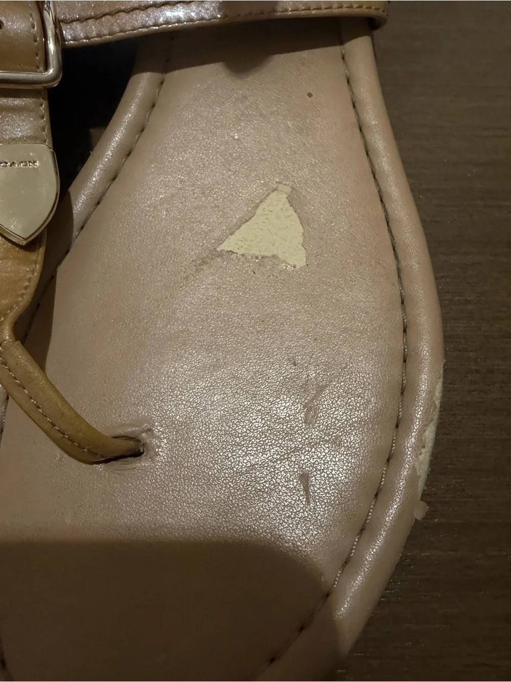 Coach Women's Tan Leather T-Strap Sandals with Gold Buckle